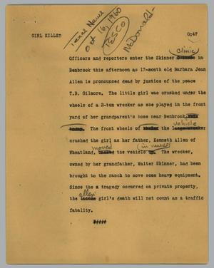 Primary view of object titled '[News Script: Girl killed]'.