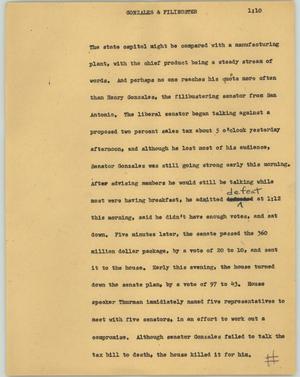 Primary view of object titled '[News Script: Gonzales & filibuster]'.