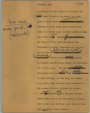 Primary view of object titled '[News Script: Murdered girl]'.