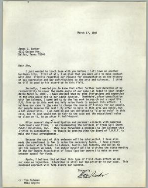 Primary view of object titled '[Letter from Don Baker to James C. Barber on March, 1985]'.