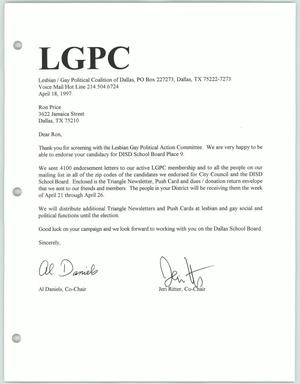Primary view of object titled '[Letter of endorsement from the Lesbian Gay Political Coalition to Ron Price]'.