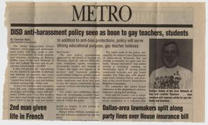 Primary view of object titled '[Dallas Voice article: DISD anti-harassment policy seen as boon to gay teachers, students]'.