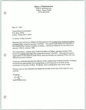 Primary view of object titled '[Letter to the Texas Ethics Commission from Gary Fitzimmons concerning an affidavit for dissolution]'.