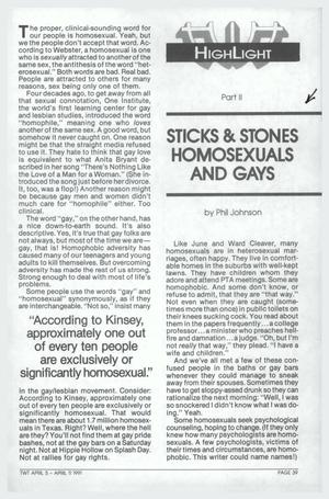 Primary view of object titled '[This Week in Texas article: Sticks & Stones Homosexuals and Gays]'.