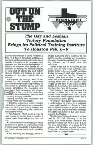 Primary view of object titled '[Out on the Stump: The Gay and Lesbian Victory Foundation Brings Its Political Training Institute to Houston Feb. 6-9]'.