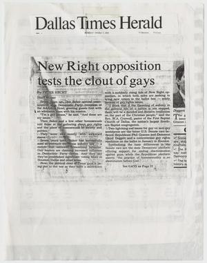 Primary view of object titled '[Dallas Times Herald clipping: New Right opposition tests the clout of gays]'.
