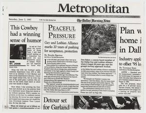 Primary view of object titled '[Dallas Morning News: Gay and Lesbian Alliance marks 20 years of pushing for acceptance, protection]'.