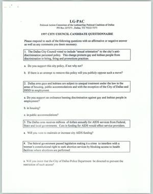 Primary view of object titled '[LG-PAC 1997 city council candidate questionnaire]'.