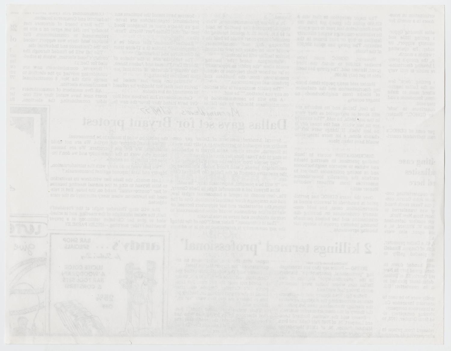 [Various newspaper clippings pertaining to Don Baker case and gay rights in Texas]
                                                
                                                    [Sequence #]: 4 of 6
                                                