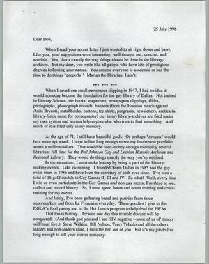 Primary view of object titled '[Letter from Phil Johnson to Don Baker about historical archives of the Dallas gay community]'.