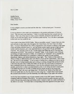 Primary view of object titled '[Letter from Don Baker to Jennifer Parvin containing newspaper clippings in relation to homosexuality among high schools]'.