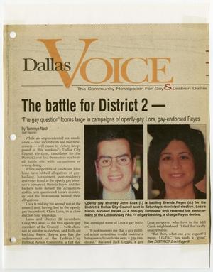 Primary view of object titled '[Clipping: The battle for District 2; 'the gay question' looms large in campaigns of openly gay Loza, gay endorsed Reyes]'.