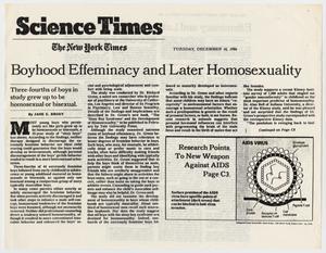 Primary view of object titled '[New York Times clipping: Boyhood Effeminacy and Later Homosexuality]'.