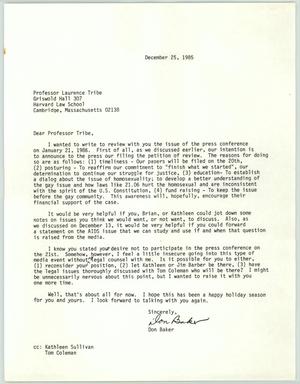 Primary view of object titled '[Letter from Don Baker to Laurence Tribe]'.