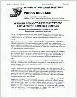 Primary view of object titled '[Press Release: Vermont begins to pave the way for fairness for same-sex couples]'.