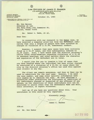 Primary view of object titled '[Letter from James C. Barber to Donald J. Maison, Jr., October 22, 1980]'.