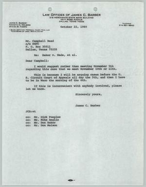 Primary view of object titled '[Letter from James C. Barber to Mr. Campbell Read, October 22, 1980]'.
