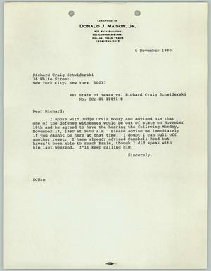 Primary view of object titled '[Letter from Donald J. Maison Jr. sent to Richard Schwiderski, November 6, 1980]'.