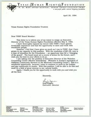 Primary view of object titled '[Letter from Suzy Wagers informing trustees of her resignation from the Texas Human Rights Foundation]'.