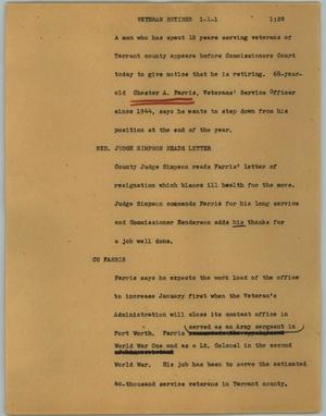 Primary view of object titled '[News Script: Veteran retires]'.