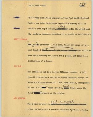 Primary view of object titled '[News Script: Motor Bank opens]'.