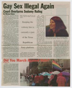 Primary view of object titled '[Newspaper clipping: Gay Sex Illegal Again]'.