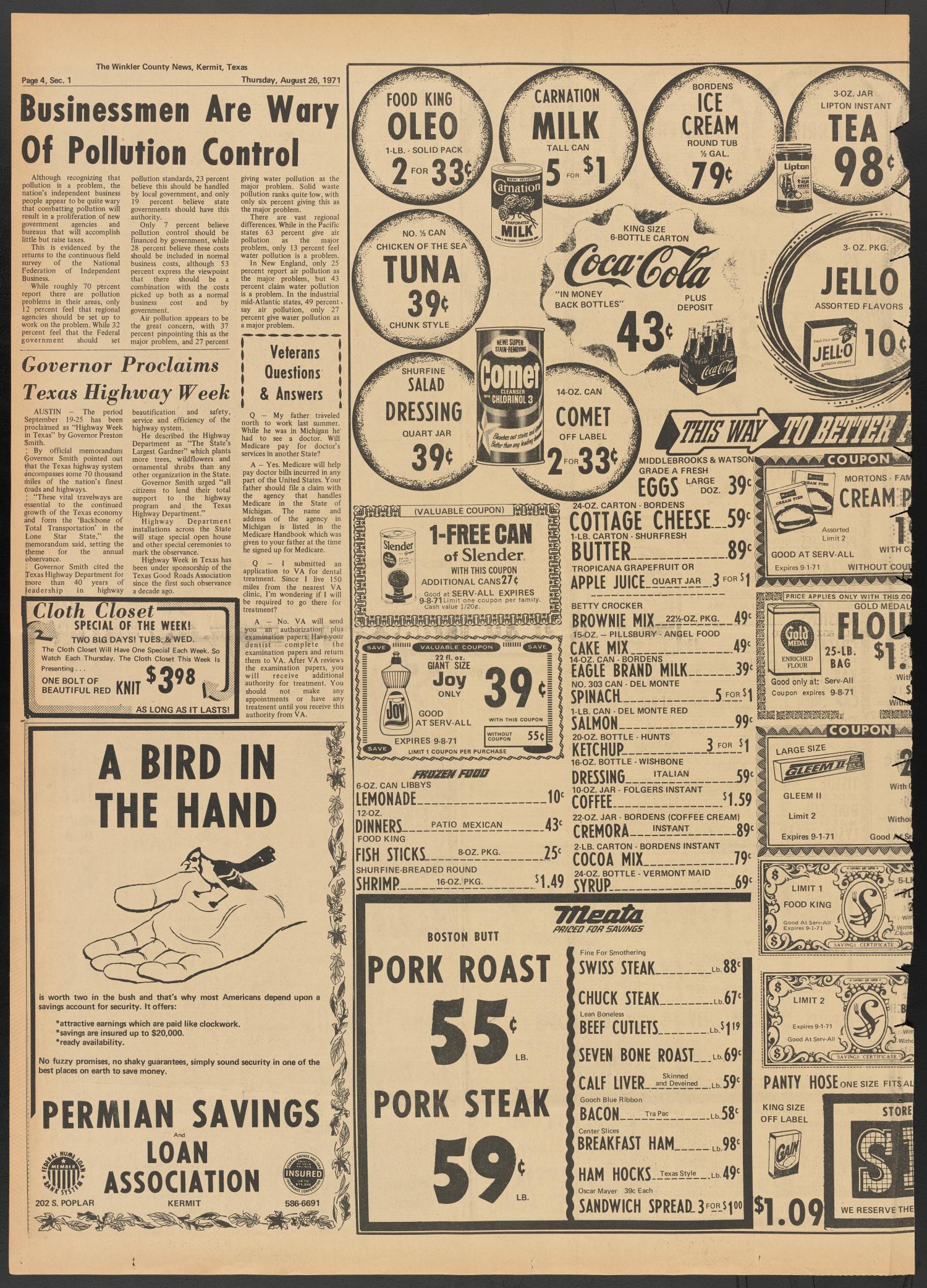 The Winkler County News (Kermit, Tex.), Vol. 35, No. 45, Ed. 1 Thursday, August 26, 1971
                                                
                                                    [Sequence #]: 4 of 16
                                                