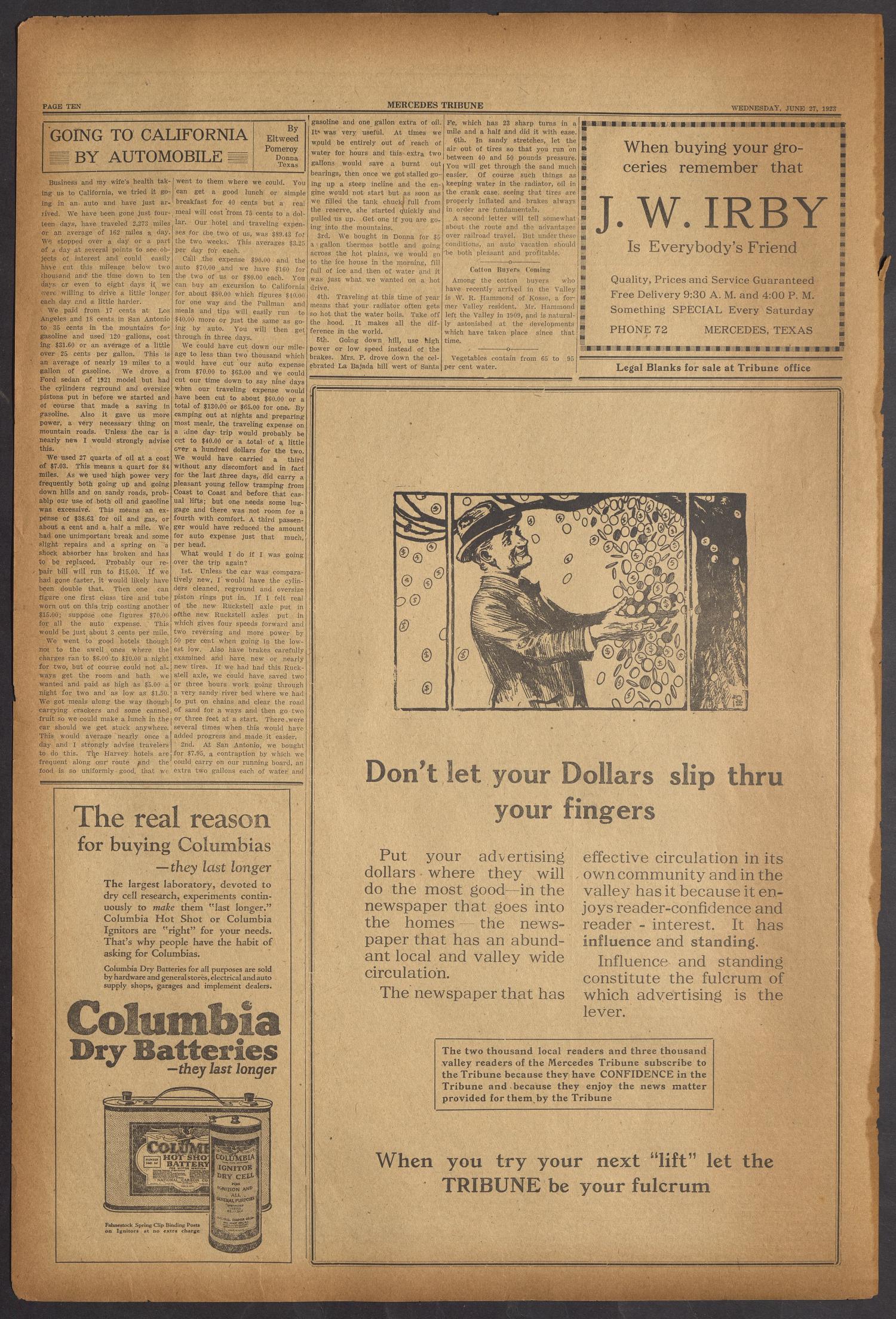 Mercedes Tribune (Mercedes, Tex.), Vol. 10, No. 20, Ed. 1 Wednesday, June 27, 1923
                                                
                                                    [Sequence #]: 10 of 12
                                                