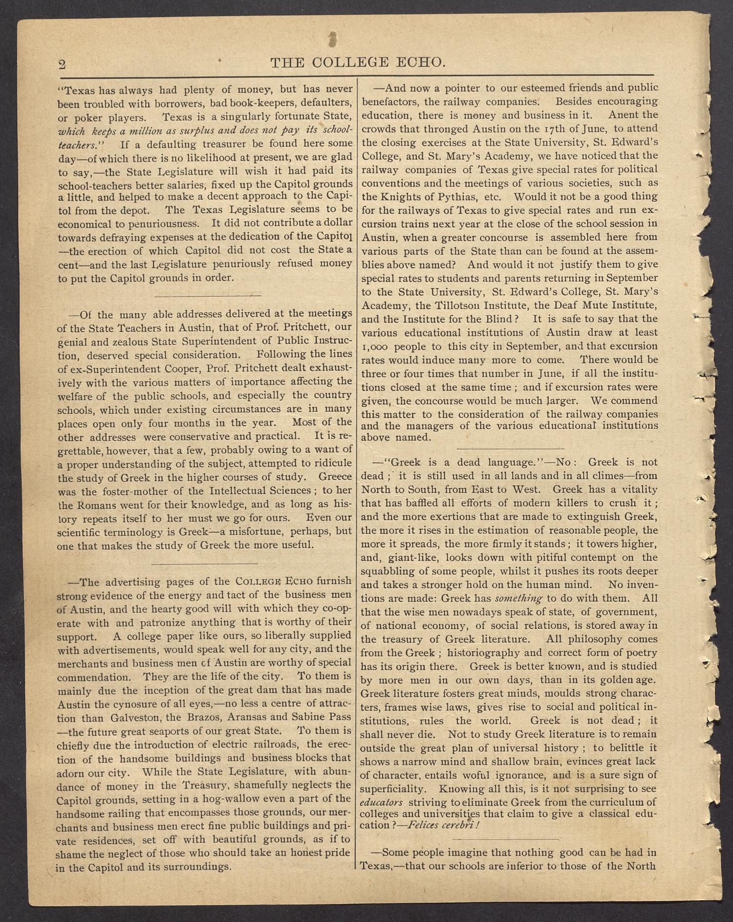 The College Echo. (Austin, Tex.), Vol. 4, No. 1, Ed. 1, July 1891
                                                
                                                    [Sequence #]: 2 of 18
                                                