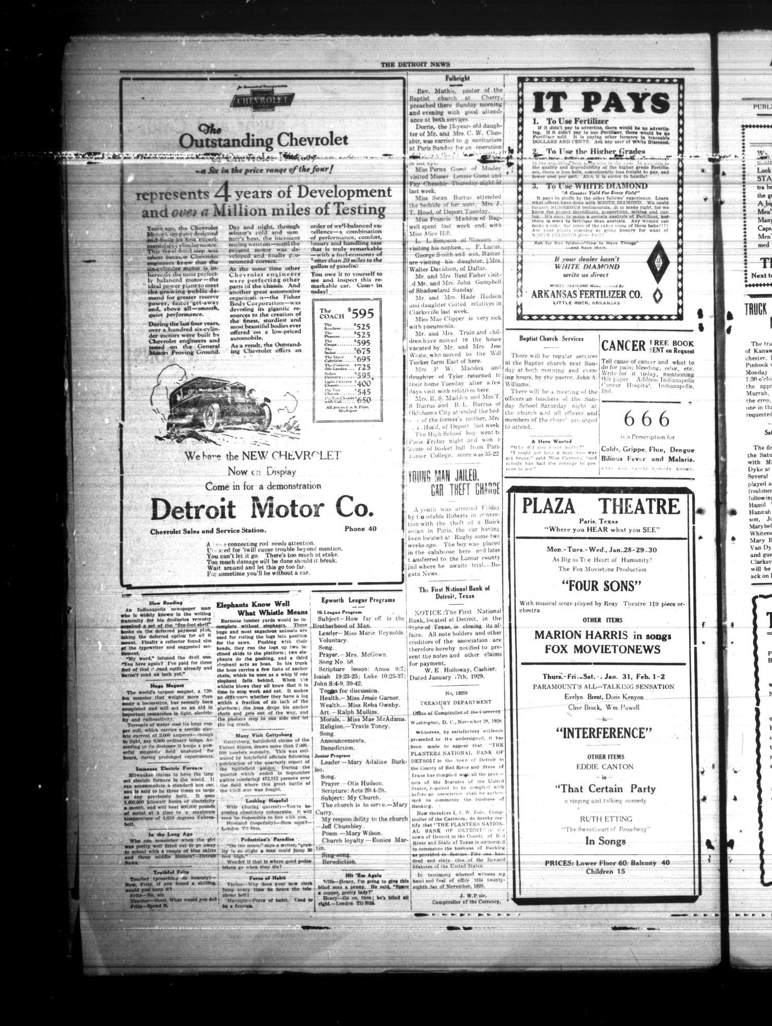 The Detroit News (Detroit, Tex.), Vol. 1, No. 43, Ed. 1 Thursday, January 24, 1929
                                                
                                                    [Sequence #]: 4 of 4
                                                