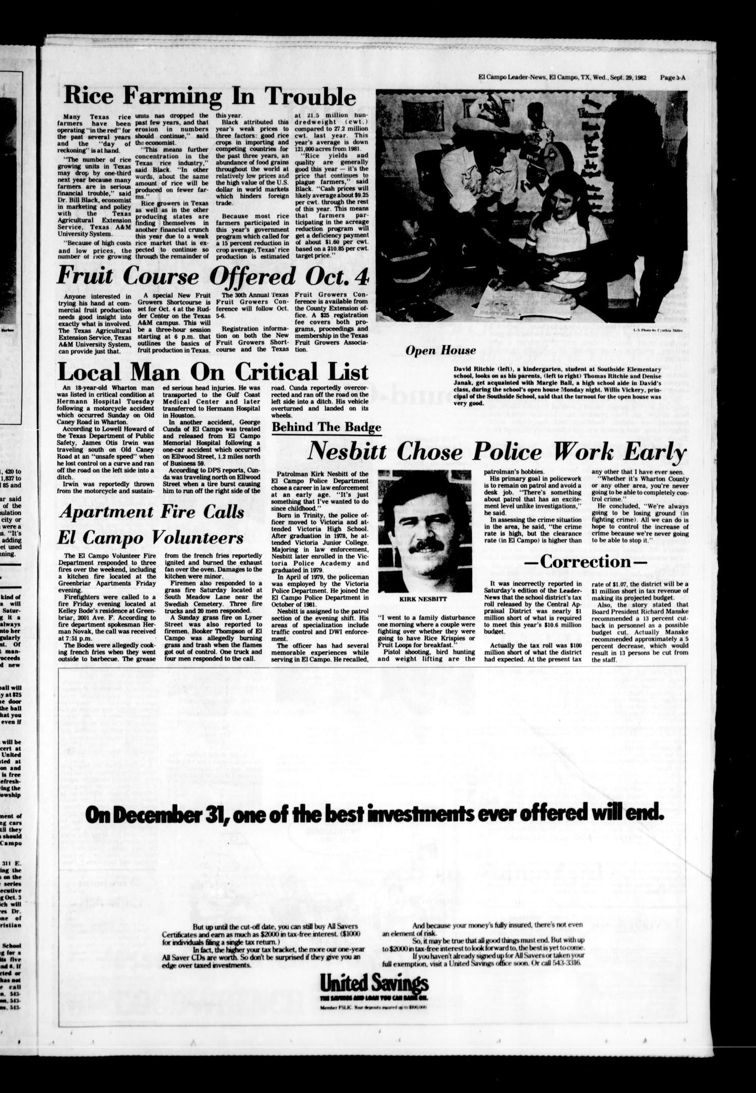 El Campo Leader-News (El Campo, Tex.), Vol. 98, No. 54, Ed. 1 Wednesday, September 29, 1982
                                                
                                                    [Sequence #]: 3 of 37
                                                