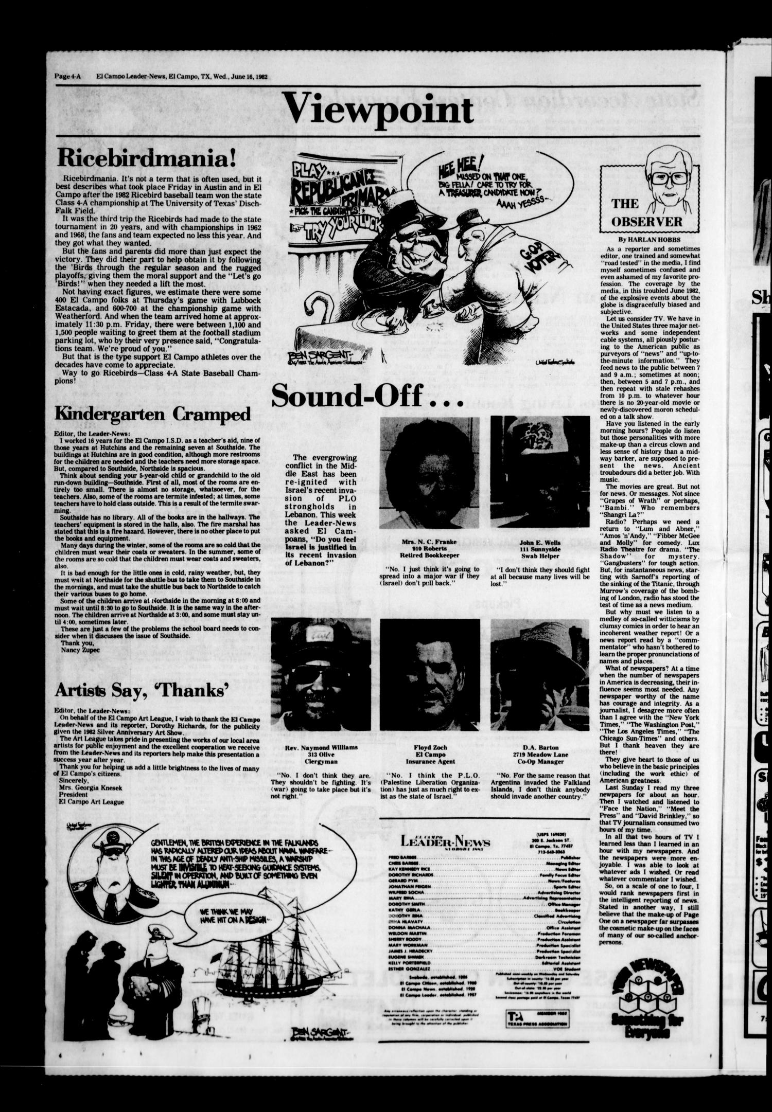El Campo Leader-News (El Campo, Tex.), Vol. 98, No. 24, Ed. 1 Wednesday, June 16, 1982
                                                
                                                    [Sequence #]: 4 of 36
                                                