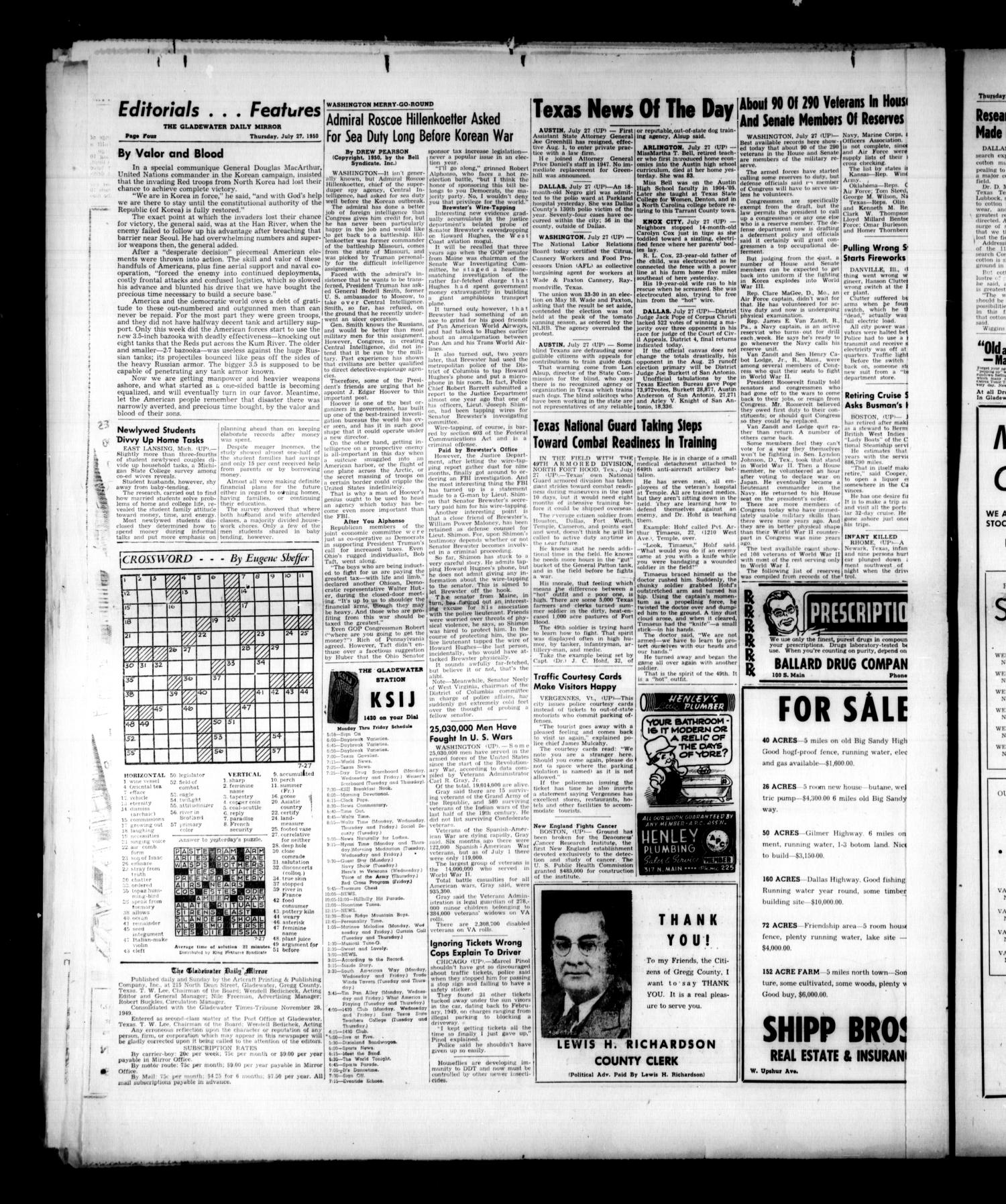 Gladewater Daily Mirror (Gladewater, Tex.), Vol. 2, No. 111, Ed. 1 Thursday, July 27, 1950
                                                
                                                    [Sequence #]: 4 of 10
                                                