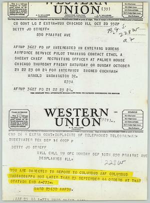 Primary view of object titled '[Telegram from Cochran and Arnold to Betty Jo Streff]'.