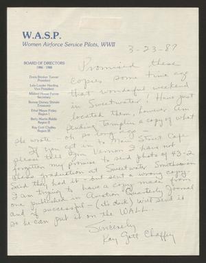 Primary view of object titled '[Letter from Kay Chaffey to Mr. and Mrs. Rigdon Edwards, March 23, 1987]'.