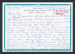 Primary view of object titled '[Postcard from Doris Tanner to Rigdon Edwards, October 20, 1992]'.