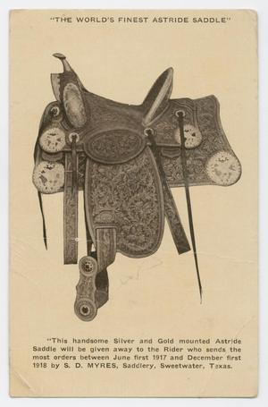 Primary view of object titled '[Postcard of an S. D. Myres Saddle Company Saddle]'.