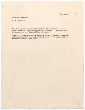 Primary view of object titled '[Letter from Harris Leon Kempner to D. W. Kempner, November 9, 1951]'.