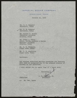 Primary view of object titled '[Letter from I. H. Kempner Jr., to Directors of Imperial Sugar Company,, January 31, 1950]'.