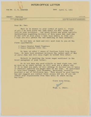 Primary view of object titled '[Letter from Thos. L. James to D. W. Kempner, April 6, 1951]'.