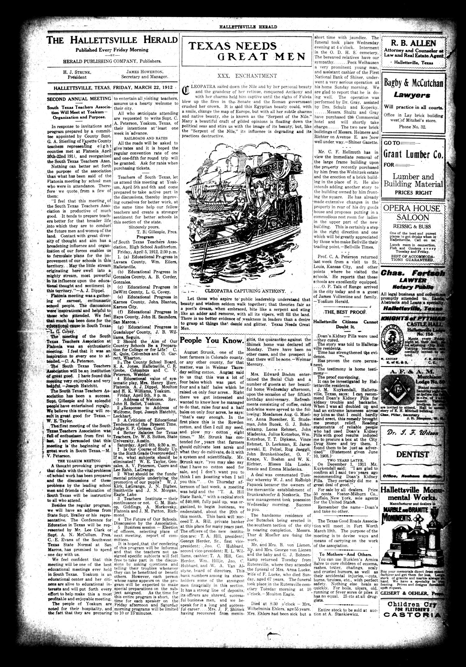 Halletsville Herald. (Hallettsville, Tex.), Vol. 40, No. 50, Ed. 1 Friday, March 22, 1912
                                                
                                                    [Sequence #]: 4 of 8
                                                