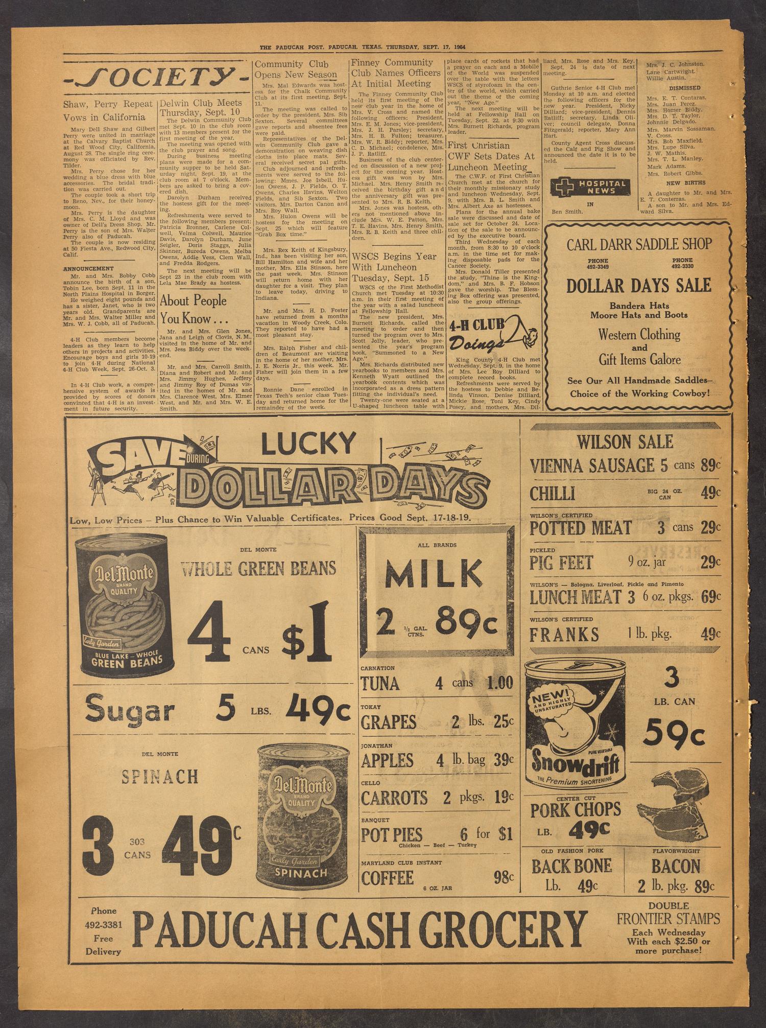 The Paducah Post (Paducah, Tex.), Vol. 58, No. 26, Ed. 1 Thursday, September 17, 1964
                                                
                                                    [Sequence #]: 4 of 8
                                                