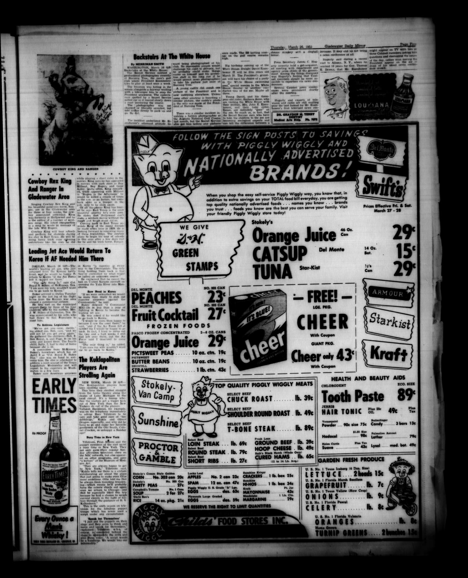 Gladewater Daily Mirror (Gladewater, Tex.), Vol. 4, No. 211, Ed. 1 Thursday, March 26, 1953
                                                
                                                    [Sequence #]: 5 of 12
                                                