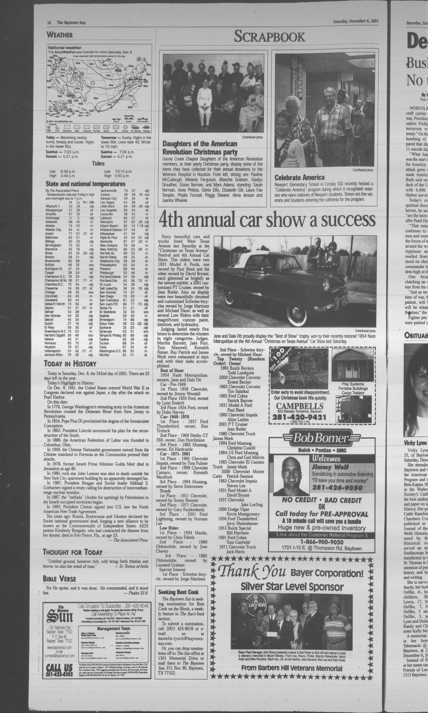 The Baytown Sun (Baytown, Tex.), Vol. 80, No. 12, Ed. 1 Saturday, December 8, 2001
                                                
                                                    [Sequence #]: 2 of 20
                                                