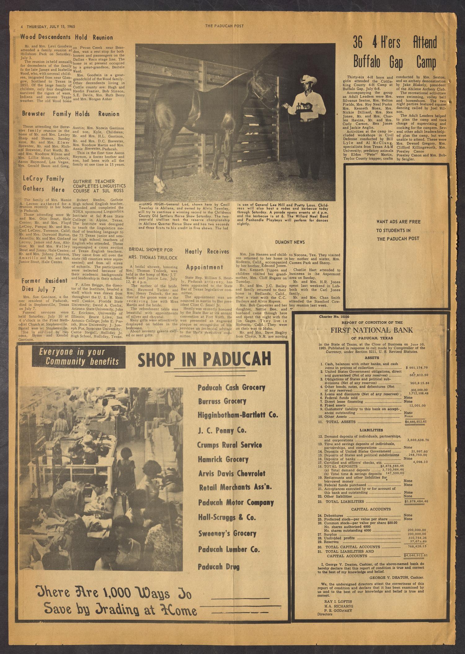 The Paducah Post (Paducah, Tex.), Vol. 59, No. 17, Ed. 1 Thursday, July 15, 1965
                                                
                                                    [Sequence #]: 4 of 8
                                                