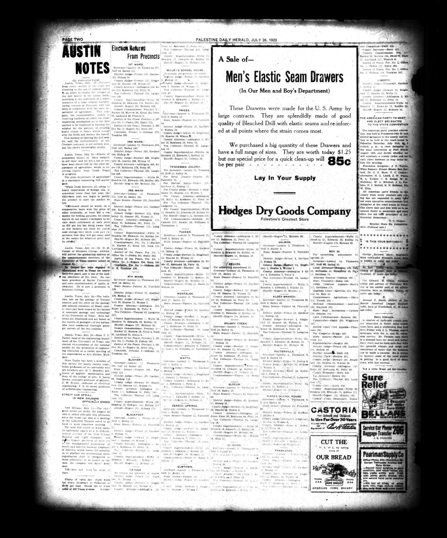 Palestine Daily Herald (Palestine, Tex), Vol. 19, No. 32, Ed. 1 Monday, July 26, 1920
                                                
                                                    [Sequence #]: 2 of 6
                                                