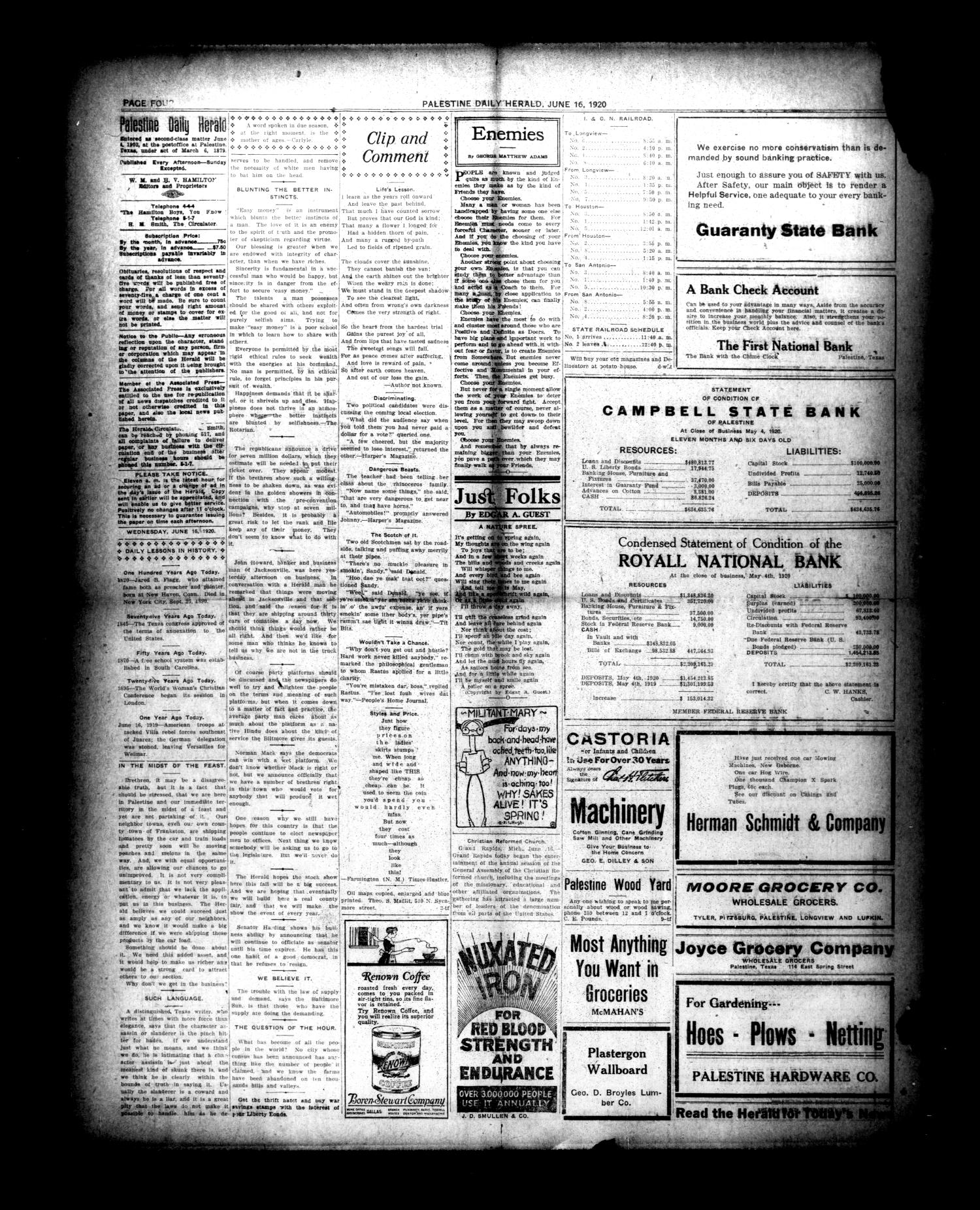 Palestine Daily Herald (Palestine, Tex), Vol. 18, No. 310, Ed. 1 Wednesday, June 16, 1920
                                                
                                                    [Sequence #]: 4 of 8
                                                