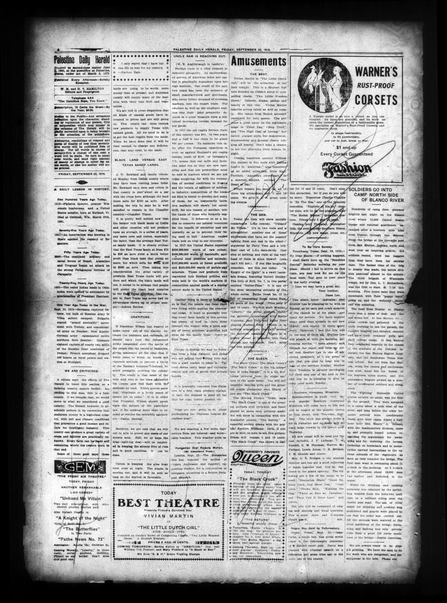 Palestine Daily Herald (Palestine, Tex), Vol. 15, No. 135, Ed. 1 Friday, September 22, 1916
                                                
                                                    [Sequence #]: 4 of 8
                                                
