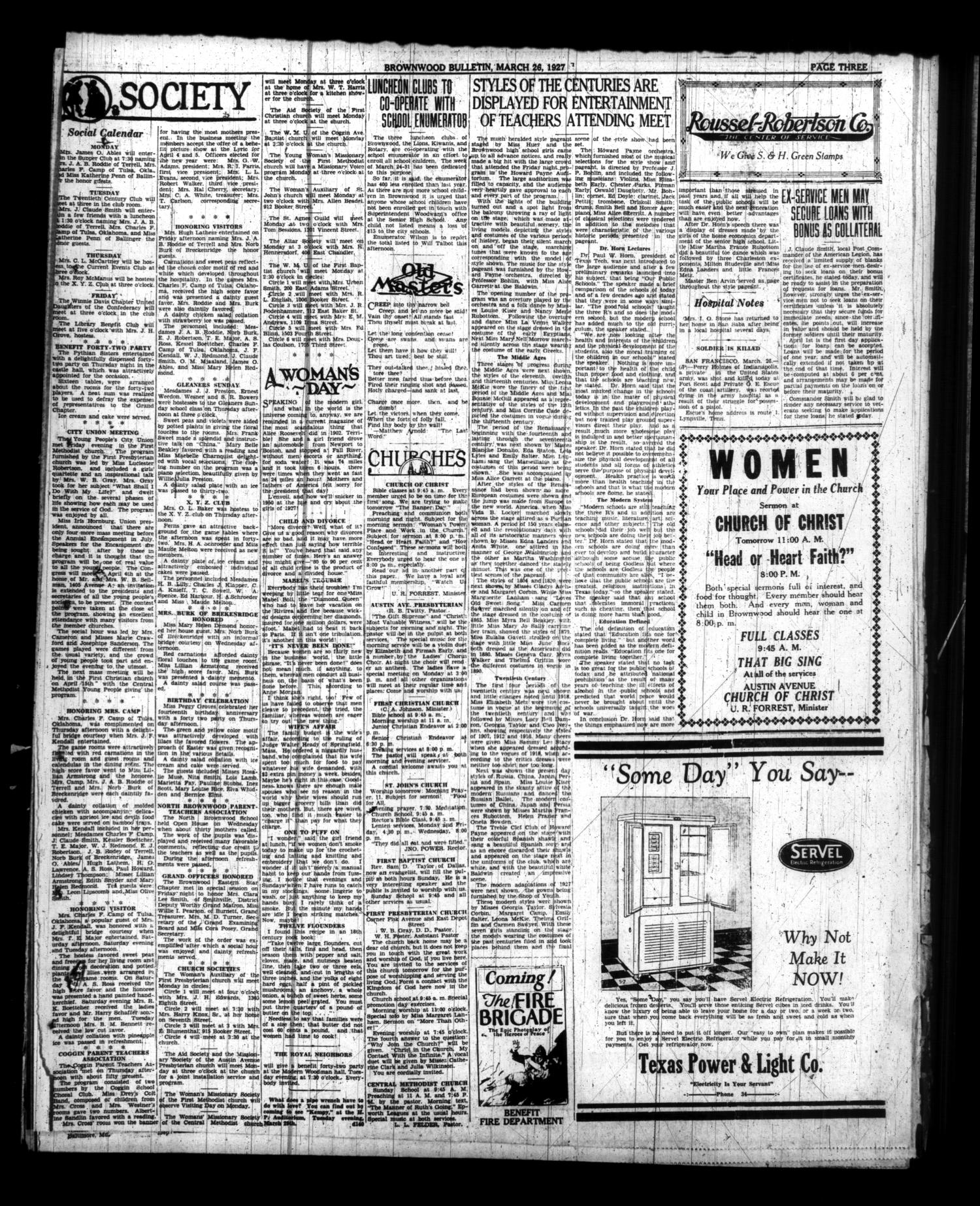Brownwood Bulletin (Brownwood, Tex.), Vol. 26, No. 138, Ed. 1 Saturday, March 26, 1927
                                                
                                                    [Sequence #]: 3 of 8
                                                