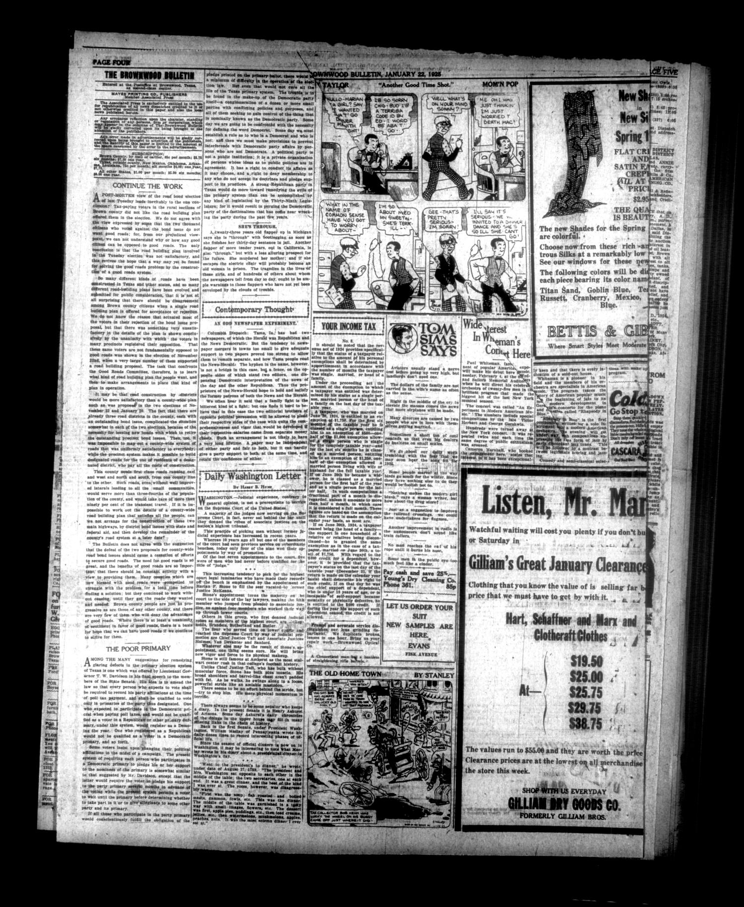 Brownwood Bulletin (Brownwood, Tex.), Vol. 25, No. 84, Ed. 1 Thursday, January 22, 1925
                                                
                                                    [Sequence #]: 4 of 6
                                                